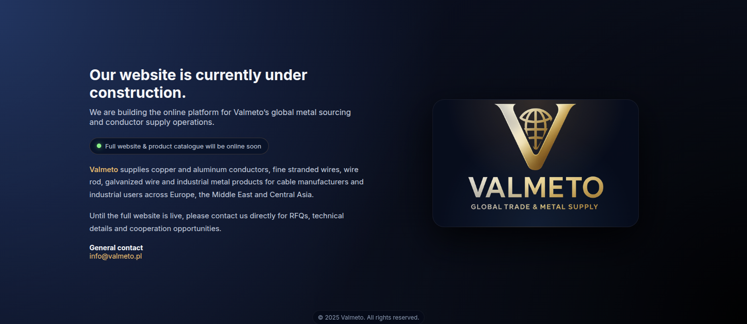 Valmeto - wizualizacja identyfikacji marki w tonacji granatowo-złotej